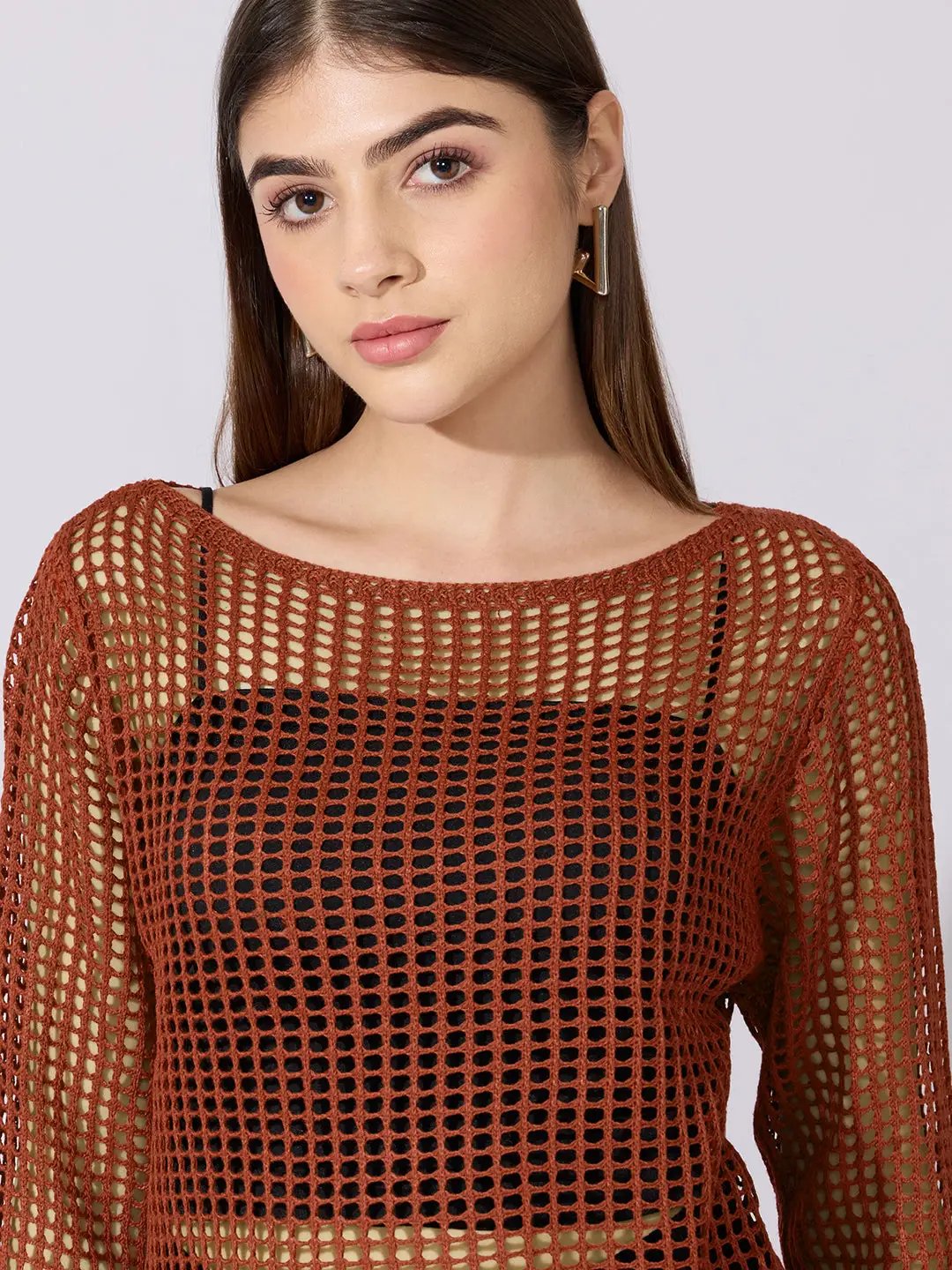Women's Crochet Brown Full sleeves Top with Slip