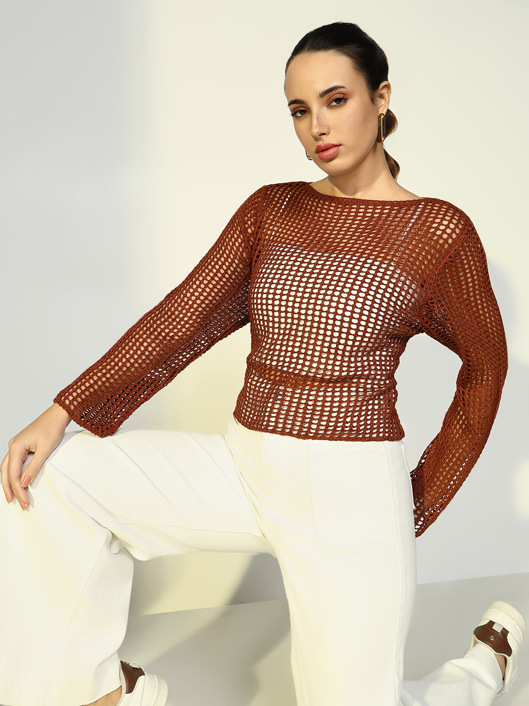 Women Solid Brown Crochet Top with Slip