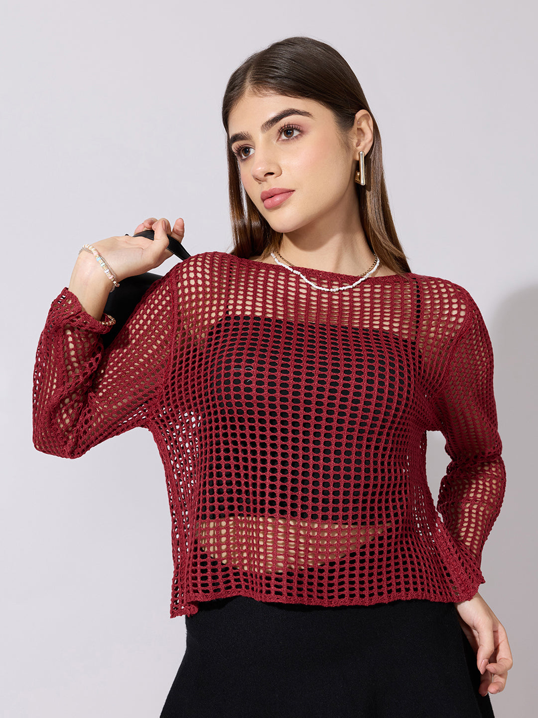 Women's Crochet Maroon Full sleeves Top with Inner
