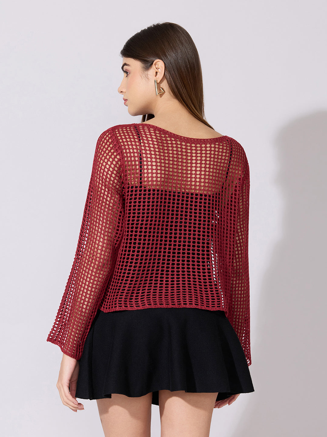 Women's Crochet Maroon Full sleeves Top with Inner