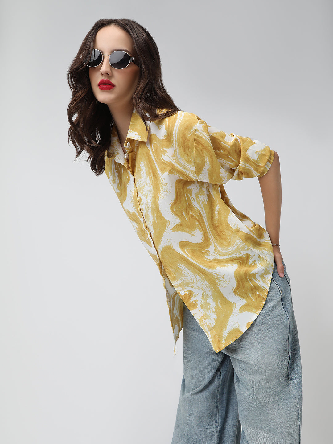 Women's Abstract Print Yellow Long Sleeve Shirt