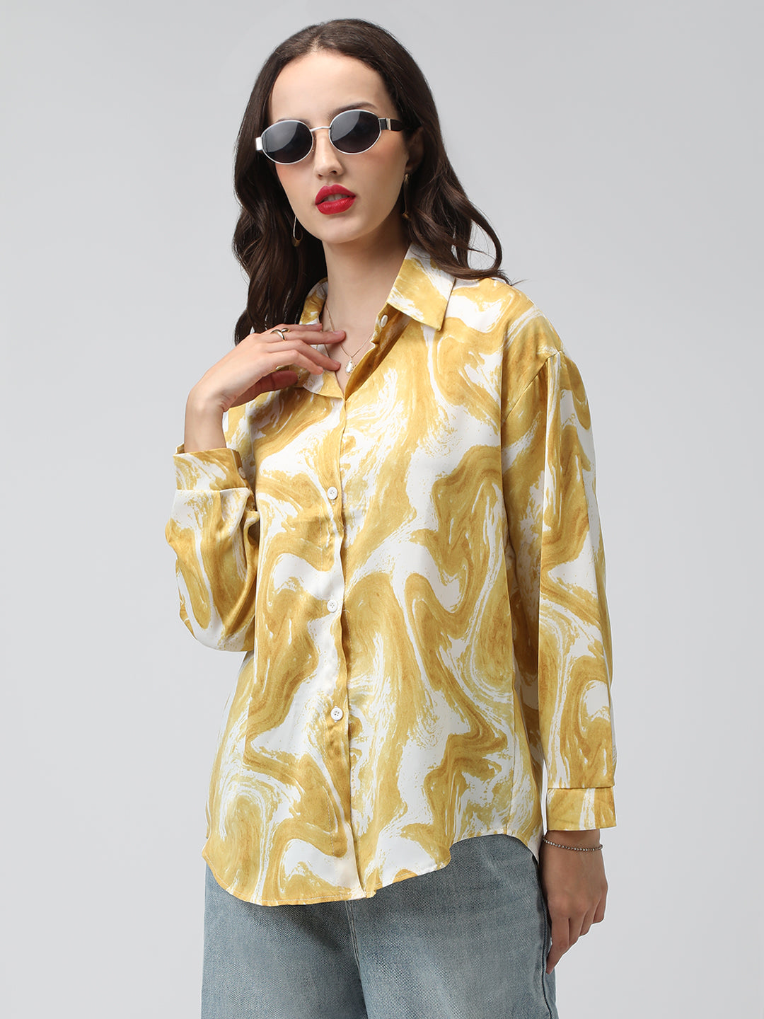 Women's Abstract Print Yellow Long Sleeve Shirt