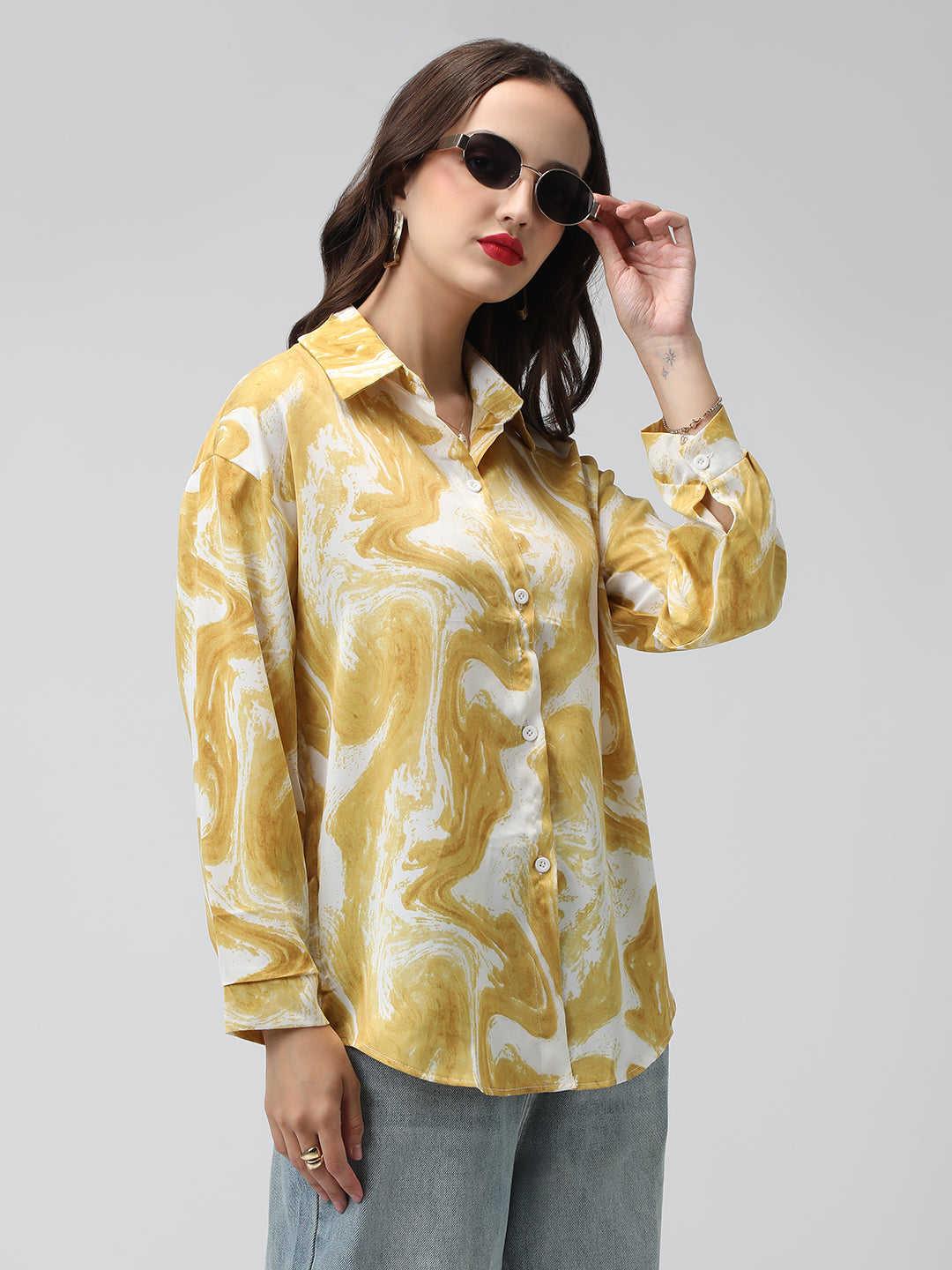 Women's Abstract Print Yellow Long Sleeve Shirt