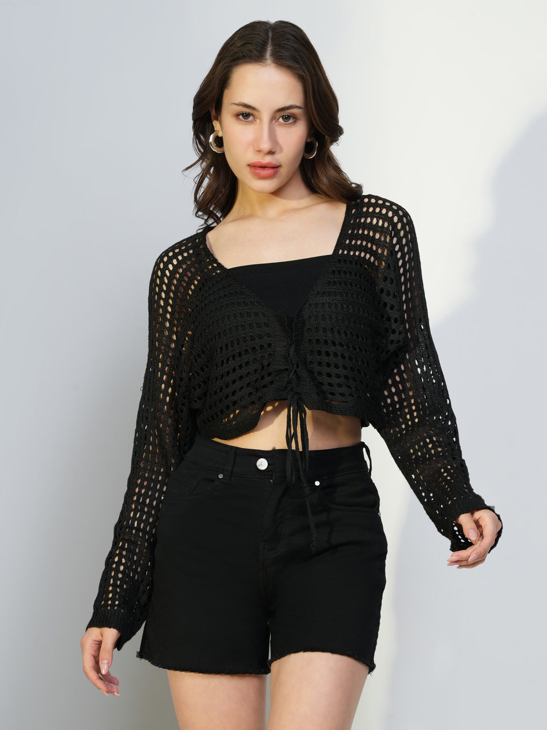 Women Black Solid Crochet Top with Inner Slip