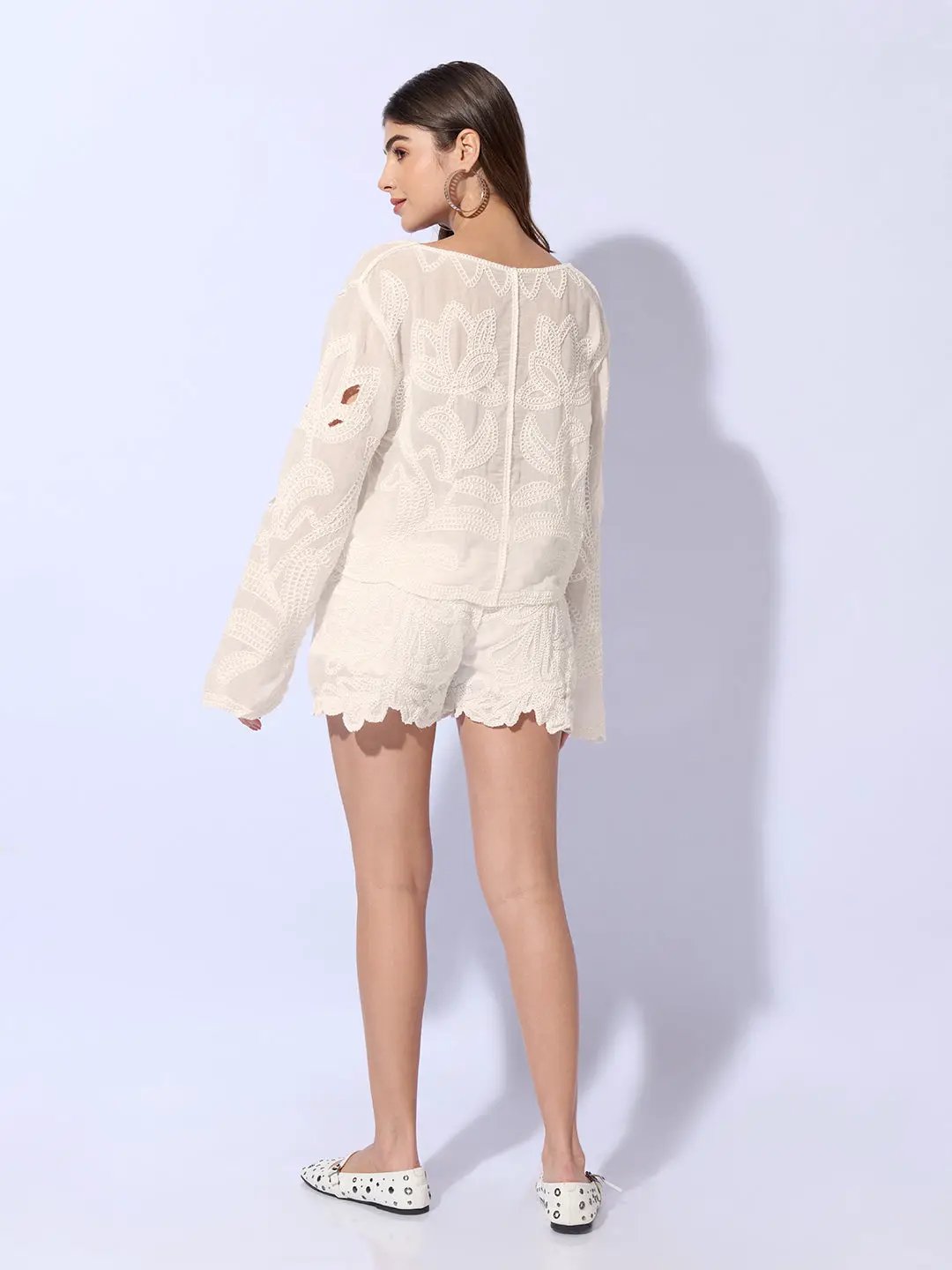 Women's Embroidered Cream Cut-Out Top with Shorts Co-ord Set