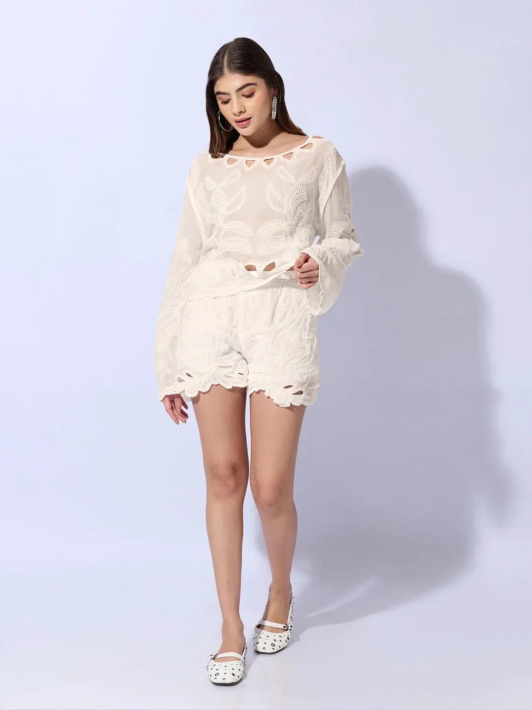 Women's Embroidered Cream Cut-Out Top with Shorts Co-ord Set