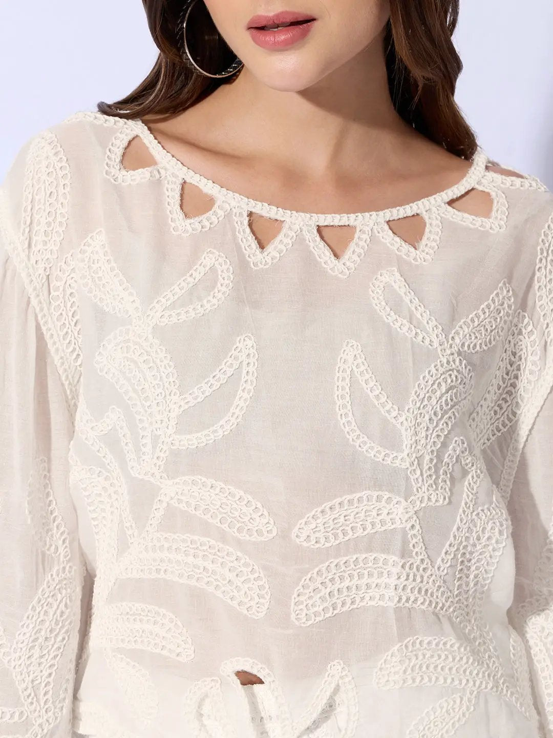 Women's Embroidered Cream Cut-Out Top with Shorts Co-ord Set