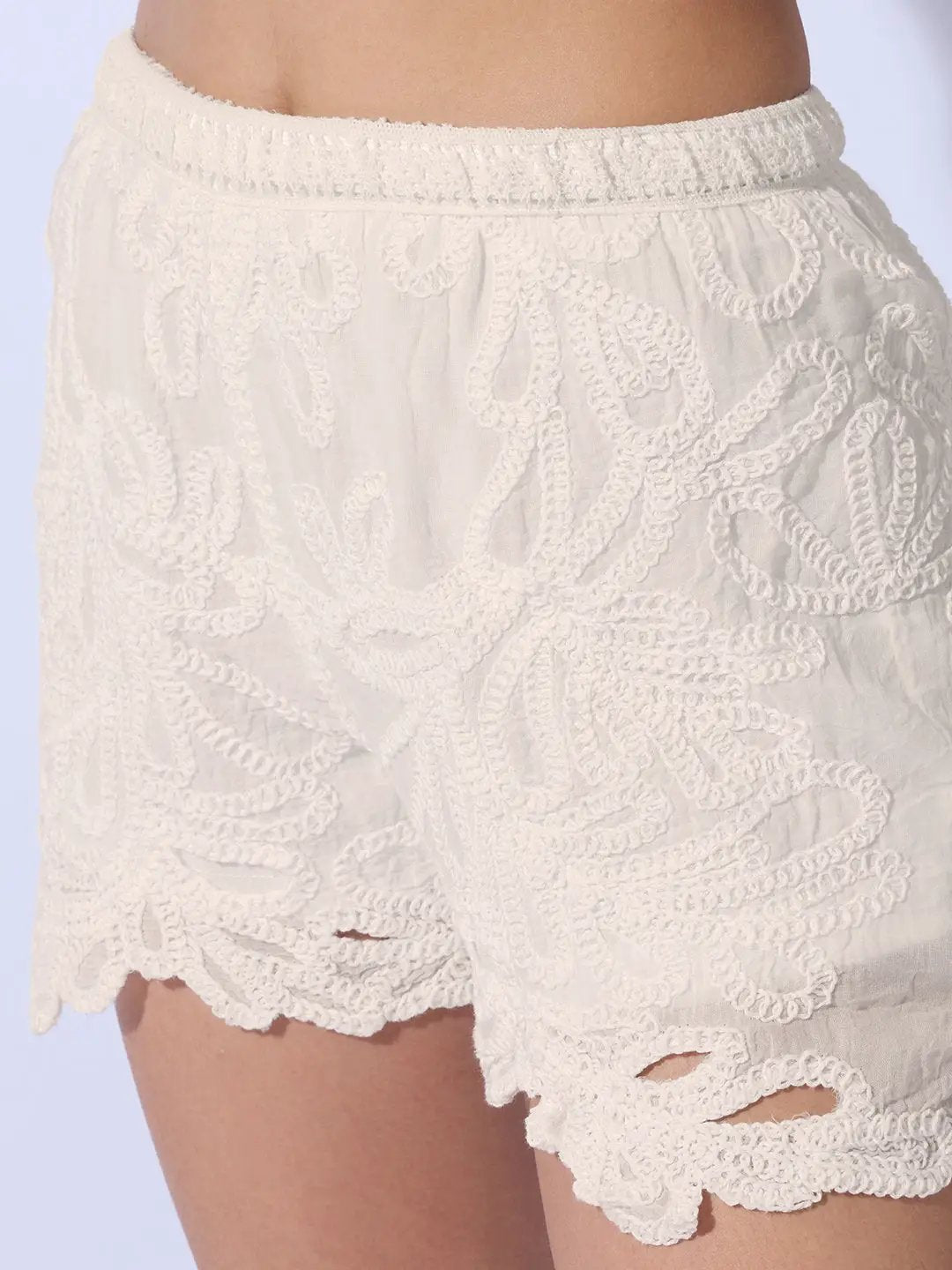Women's Embroidered Cream Cut-Out Top with Shorts Co-ord Set
