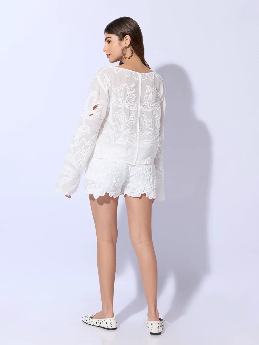 Women's Embroidered White Cut-Out Top with Shorts Co-ord Set