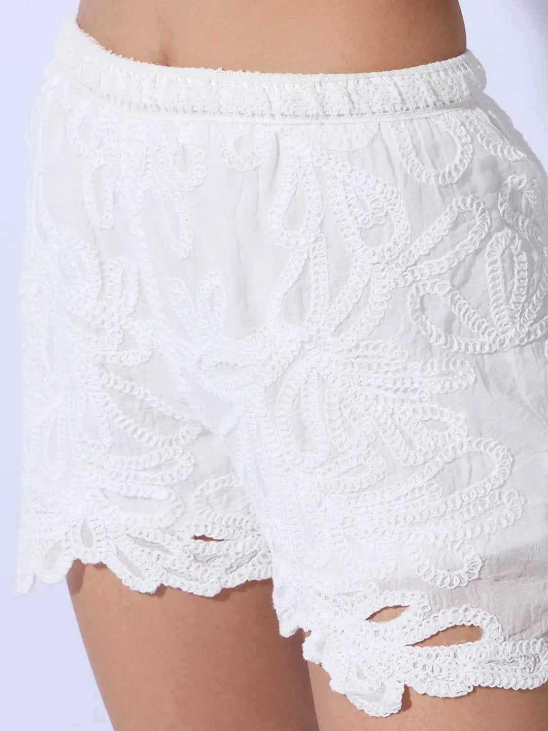 Women's Embroidered White Cut-Out Top with Shorts Co-ord Set