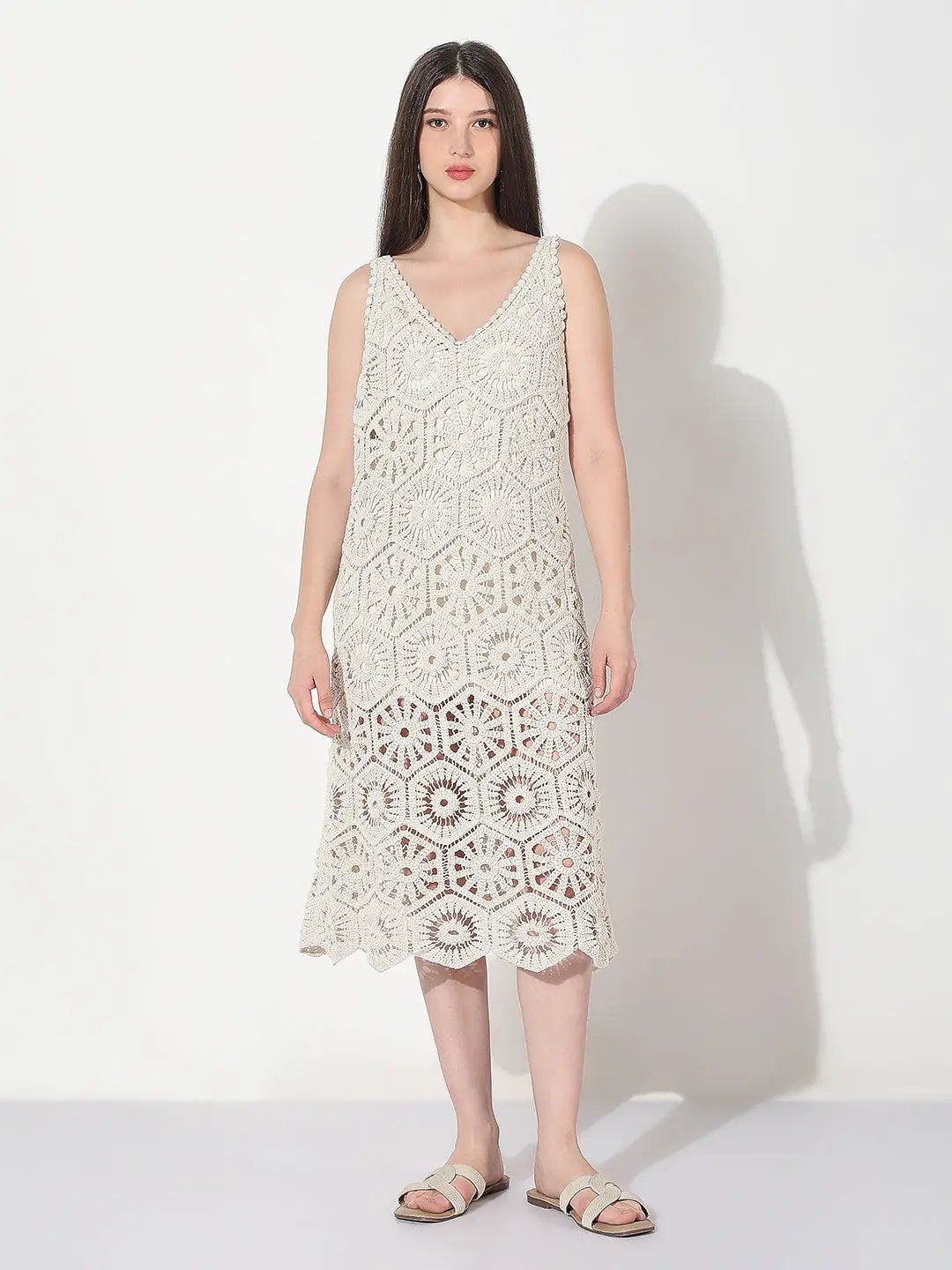 Shop Women's Crochet Cream Cut Out V-Neck Midi Dress| Showoffff Shop Women's Crochet Cream Cut Out V-Neck Midi Dress| Showoffff