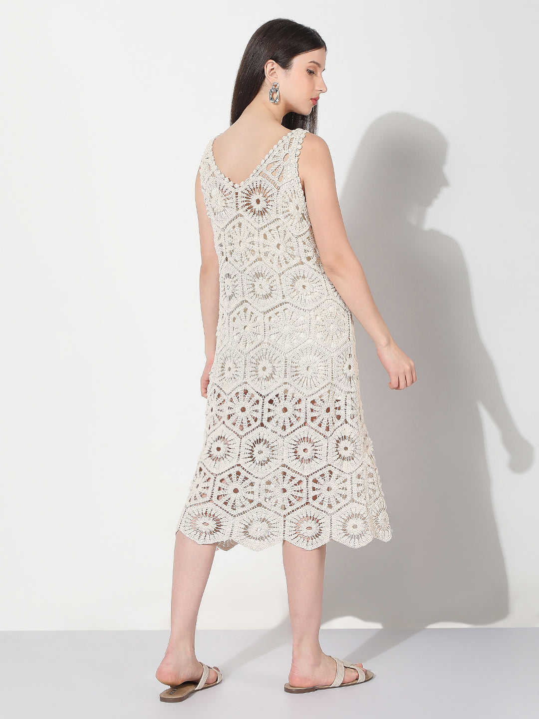 Women's Crochet Cream Cut Out V-Neck Midi Dress