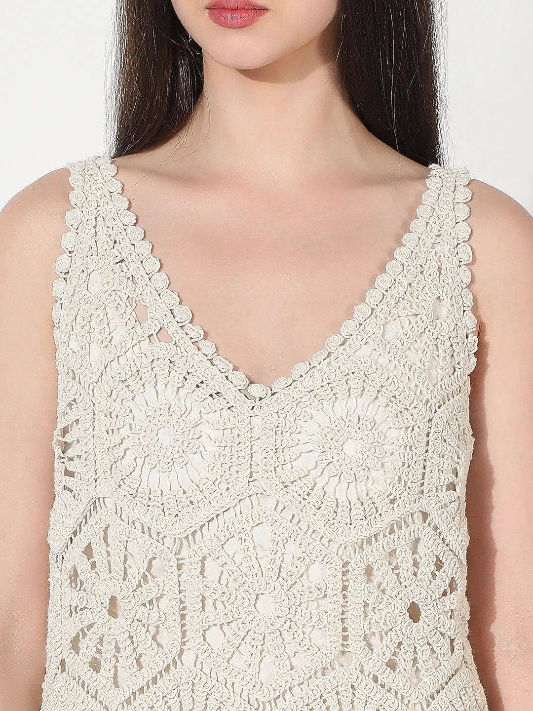 Shop Women's Crochet Cream Cut Out V-Neck Midi Dress| Showoffff Shop Women's Crochet Cream Cut Out V-Neck Midi Dress| Showoffff