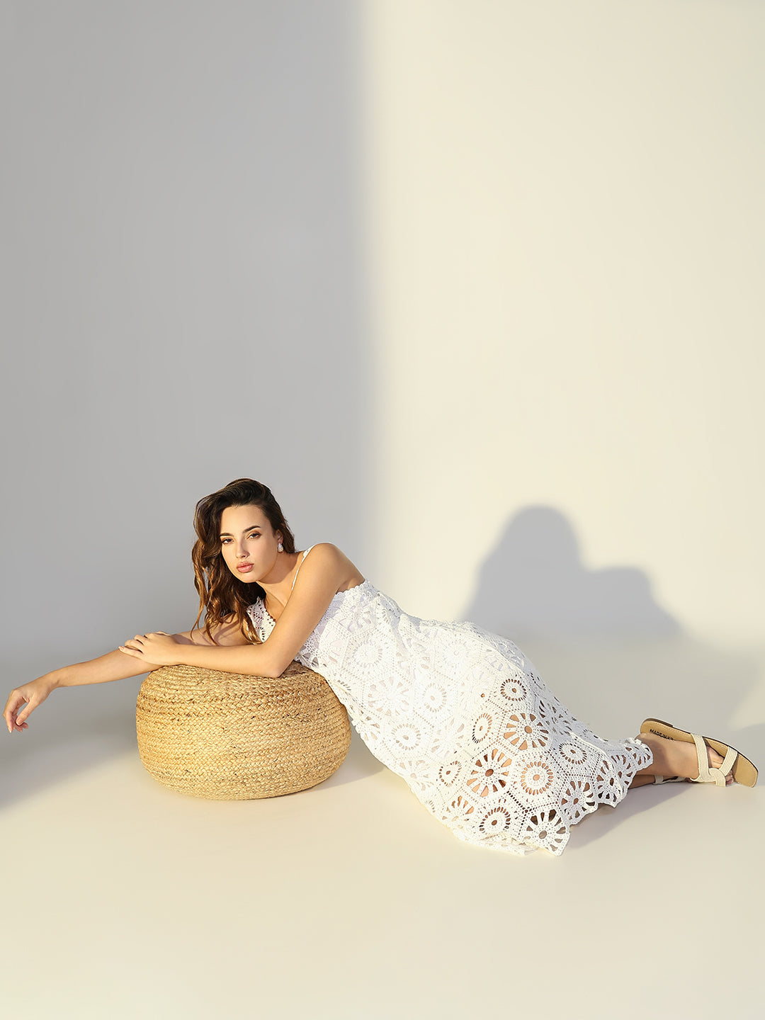 Women's Crochet White Cut Out V-Neck Midi Dress