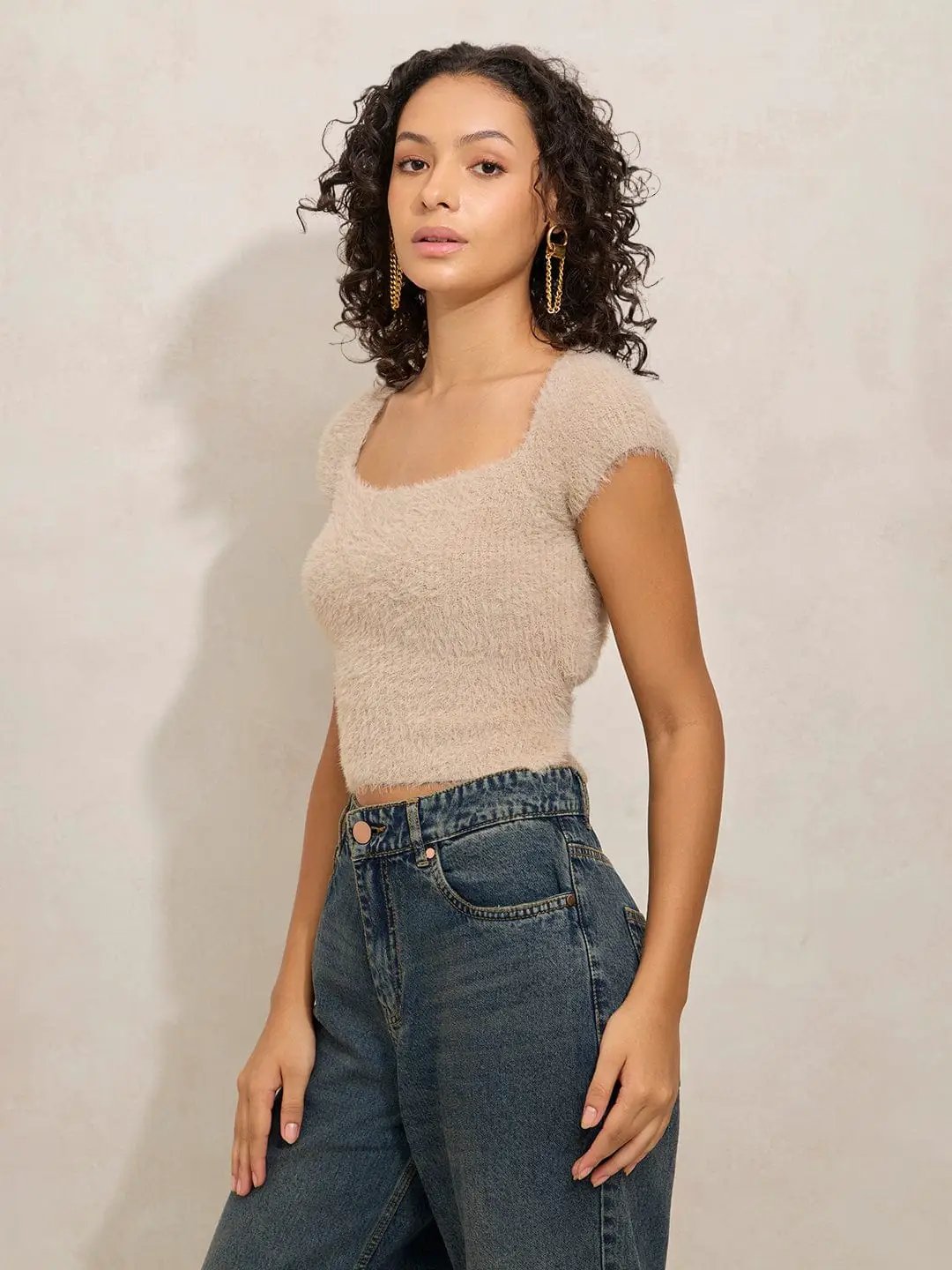Women's Beige Square Neck Solid Crop Top - from SHOWOFFFF