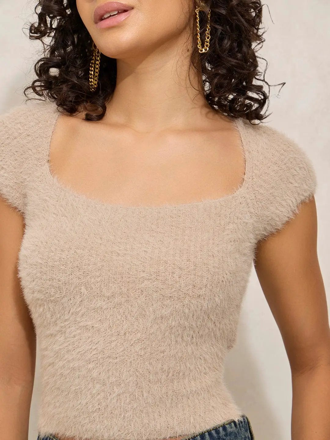 Women's Beige Square Neck Solid Crop Top - from SHOWOFFFF