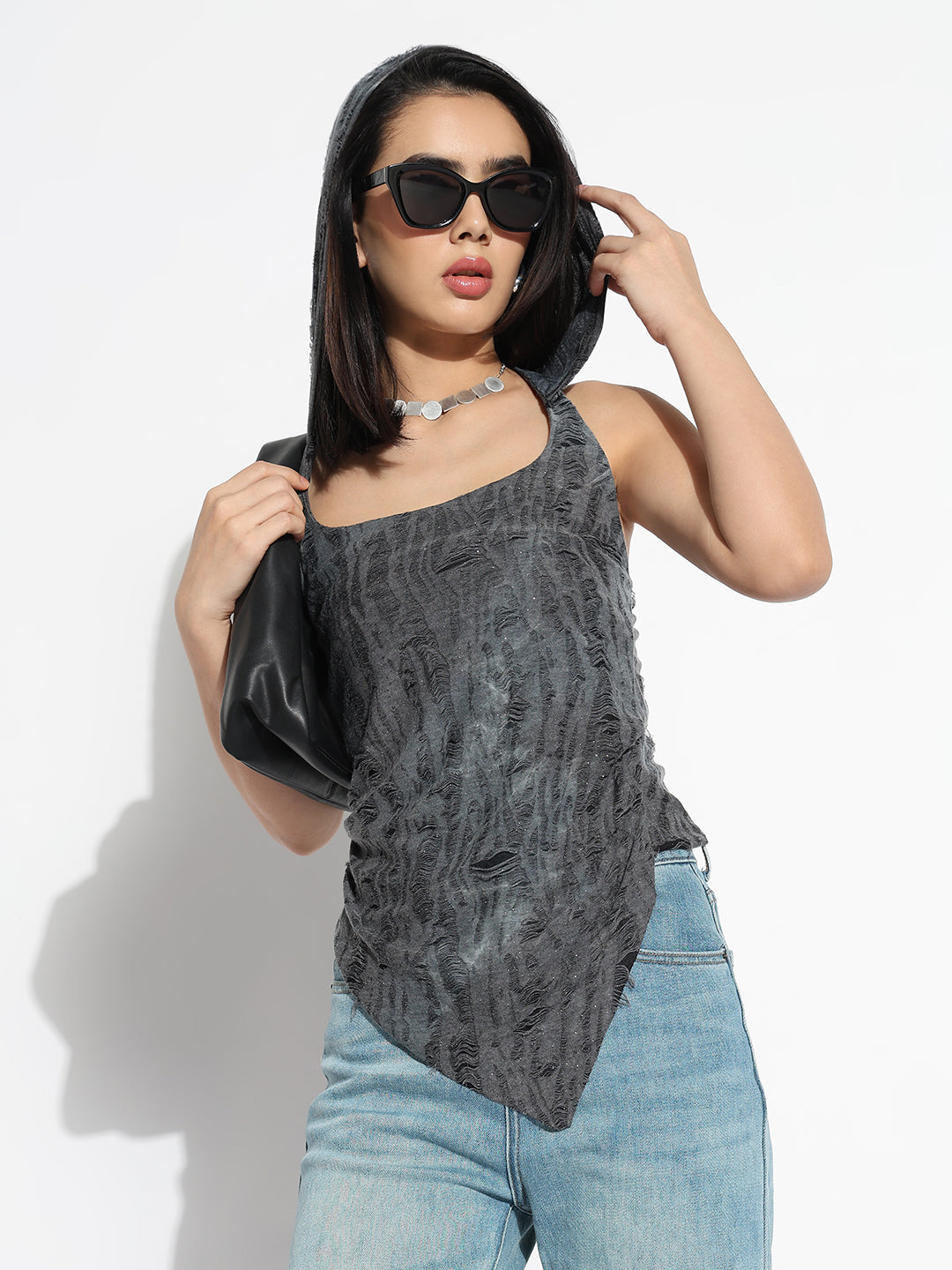 Women Hooded Grey Solid Top