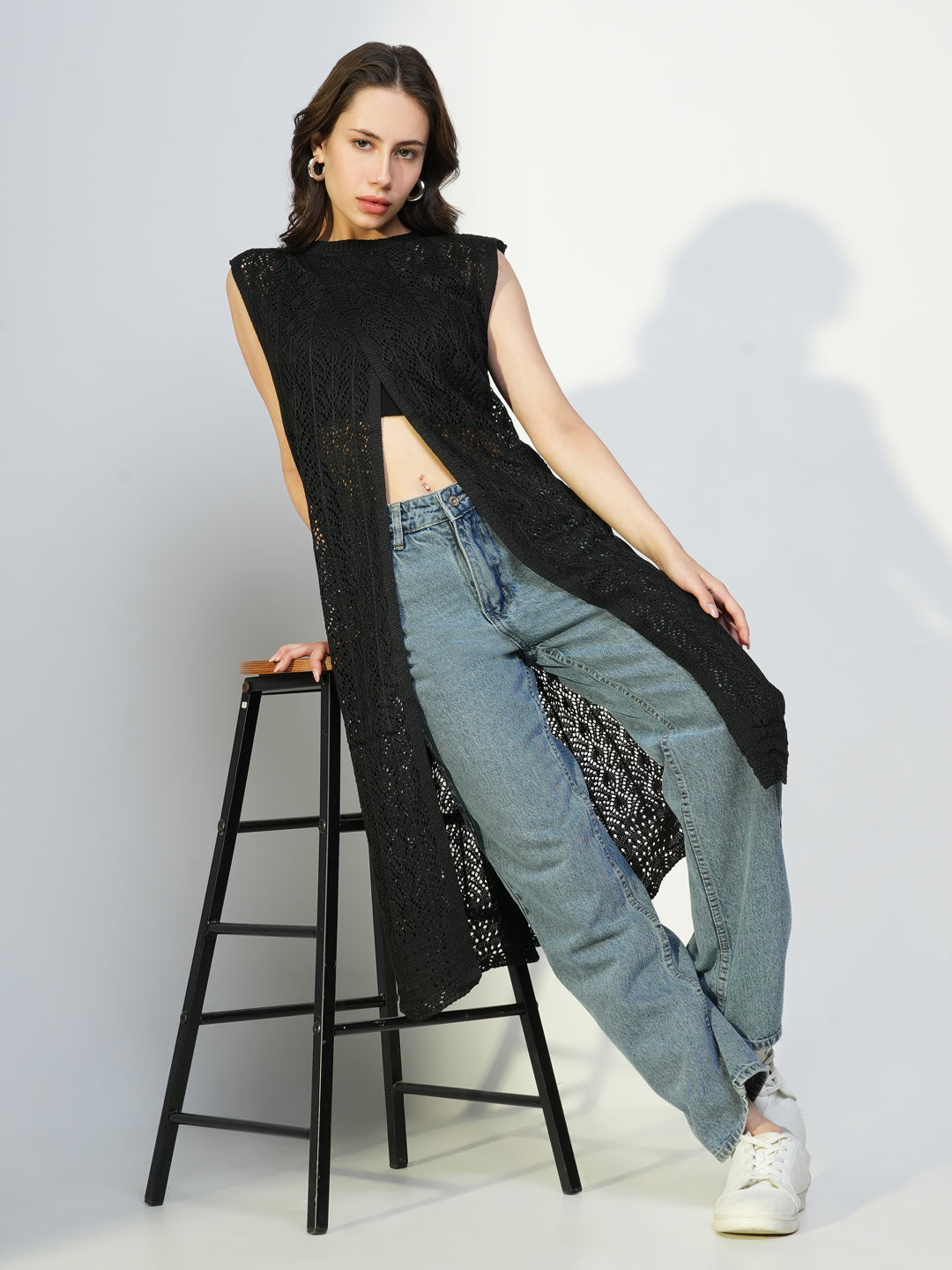 Women Black Solid Longline Shrug