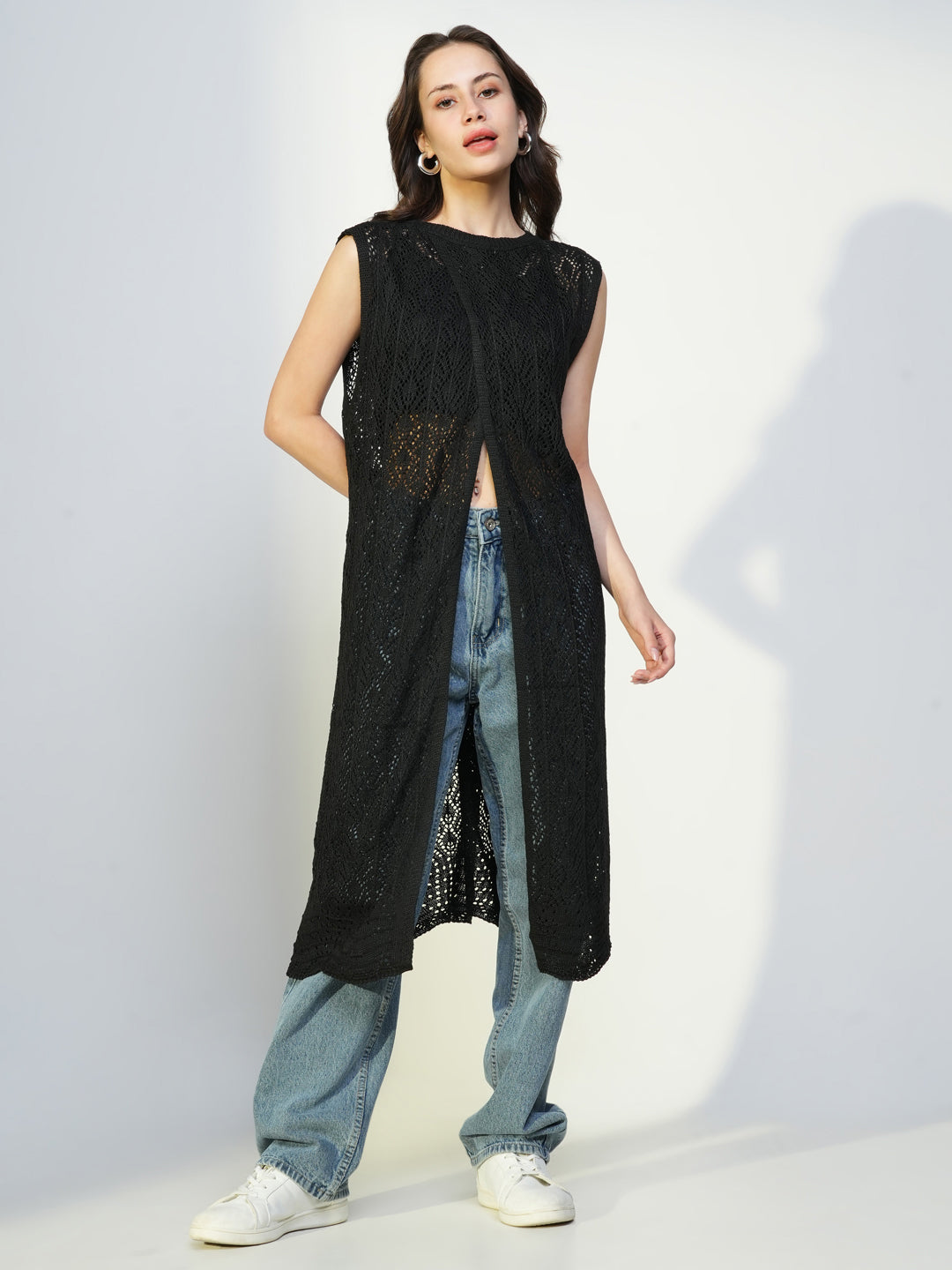 Women Black Solid Longline Shrug