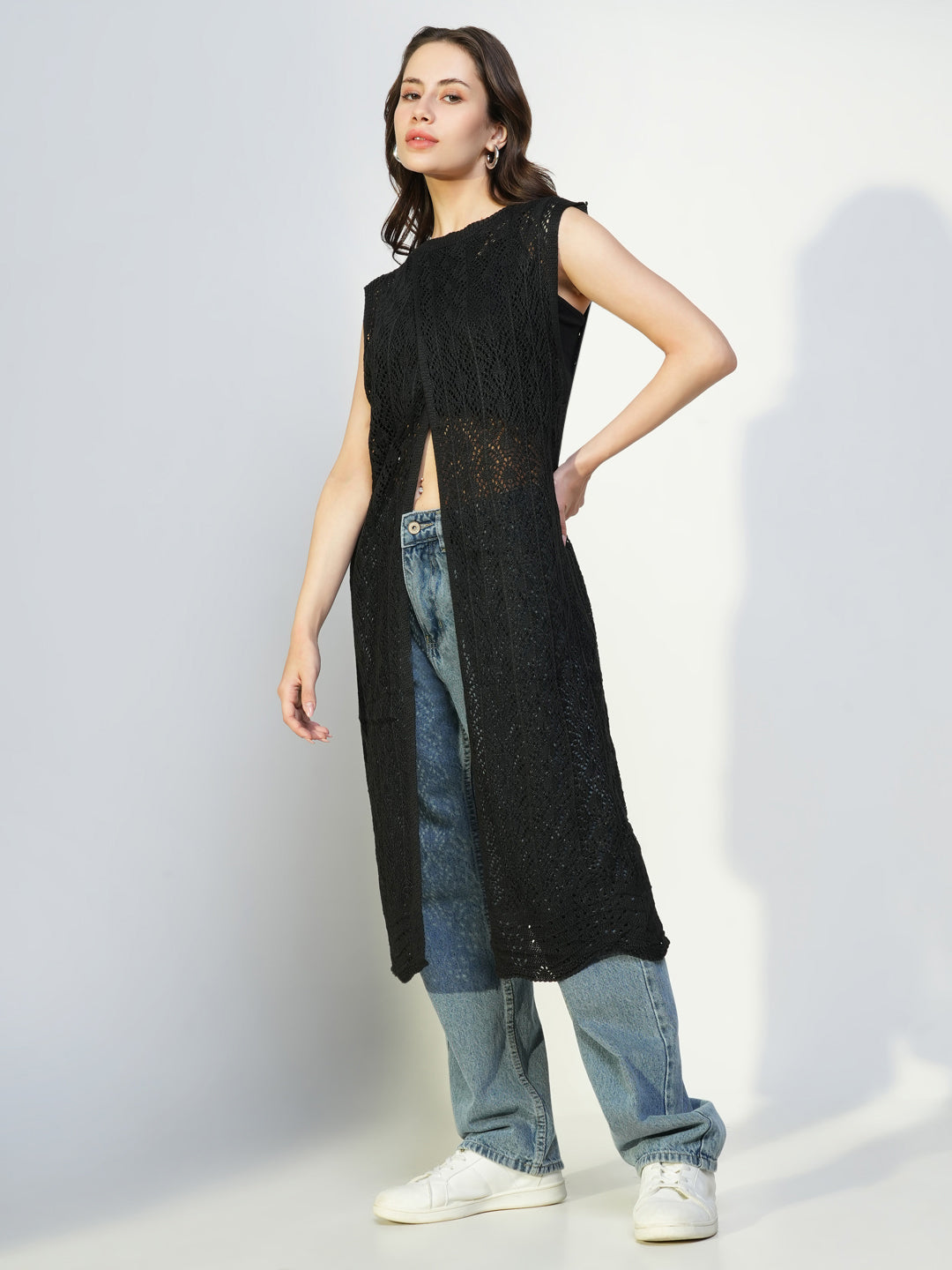 Women Black Solid Longline Shrug