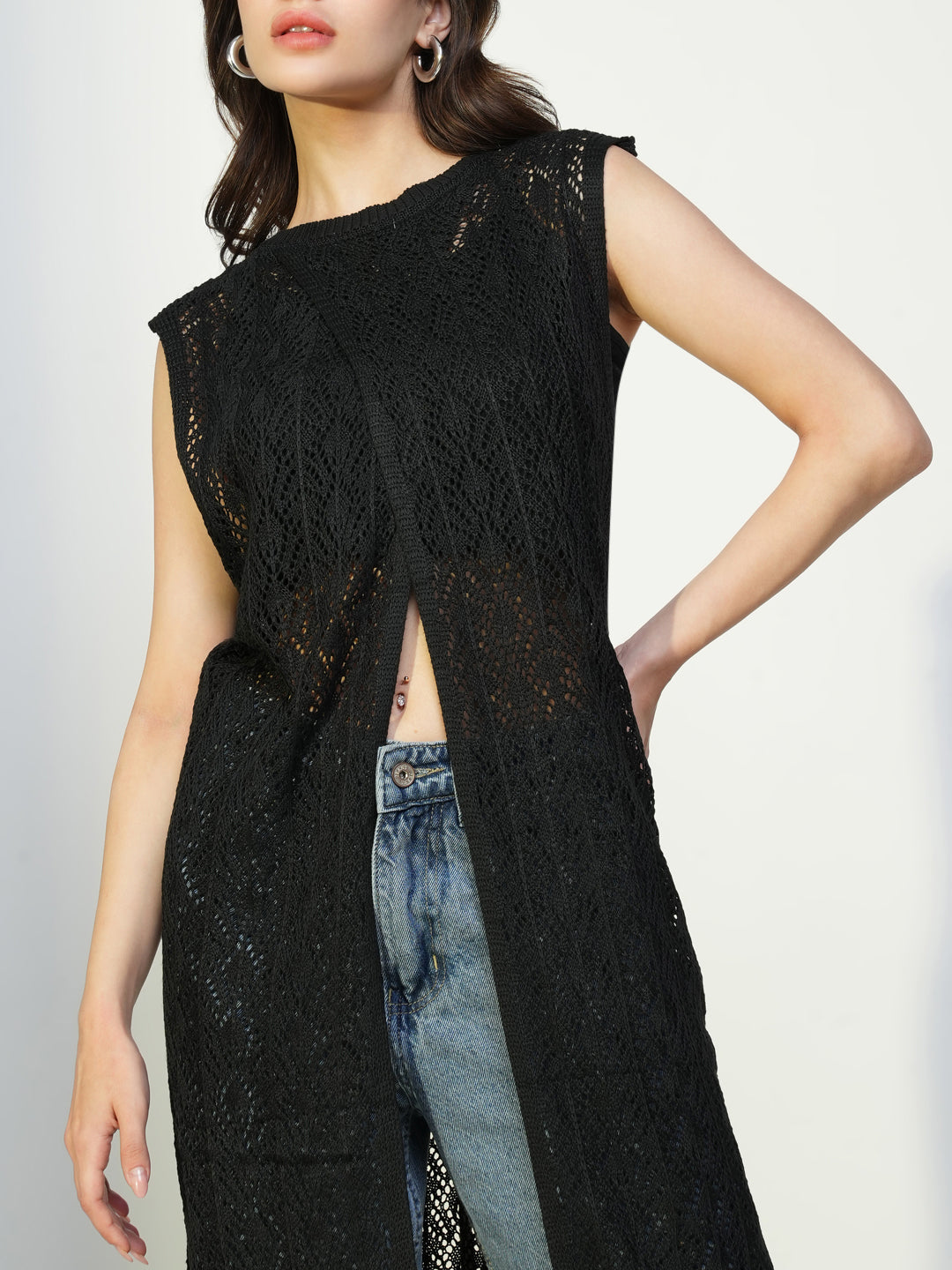 Women Black Solid Longline Shrug