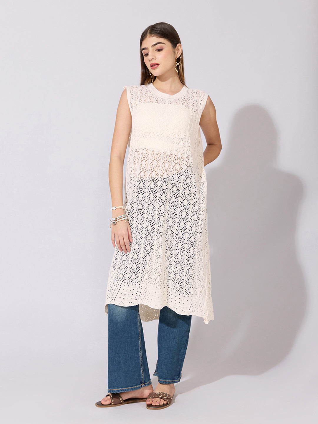 Women's Lace Knit Cream Sleeveless Longline Top