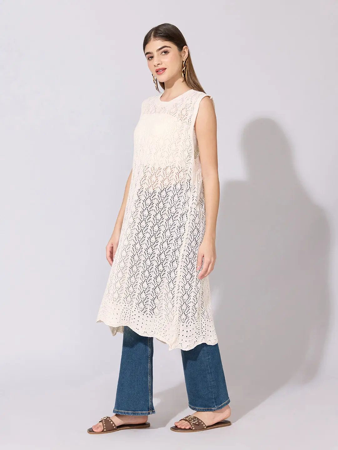 Women's Lace Knit Cream Sleeveless Longline Top