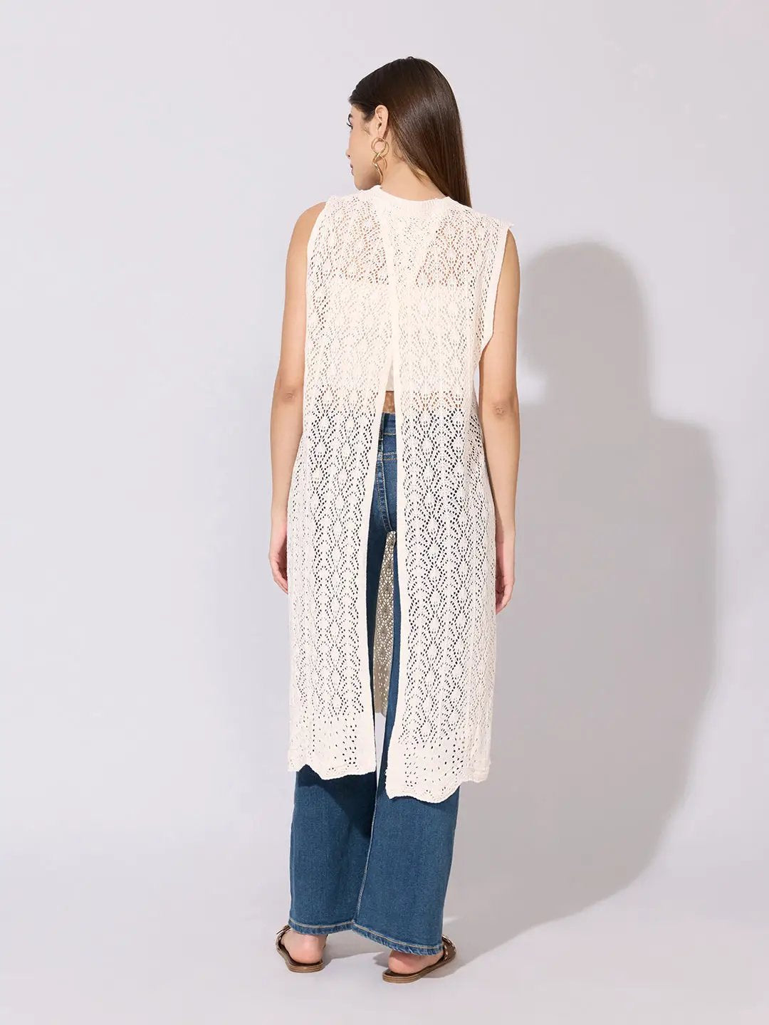 Women's Lace Knit Cream Sleeveless Longline Top