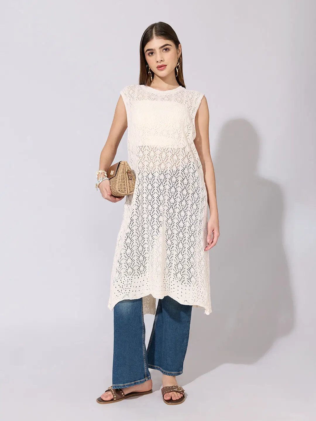 Women's Lace Knit Cream Sleeveless Longline Top
