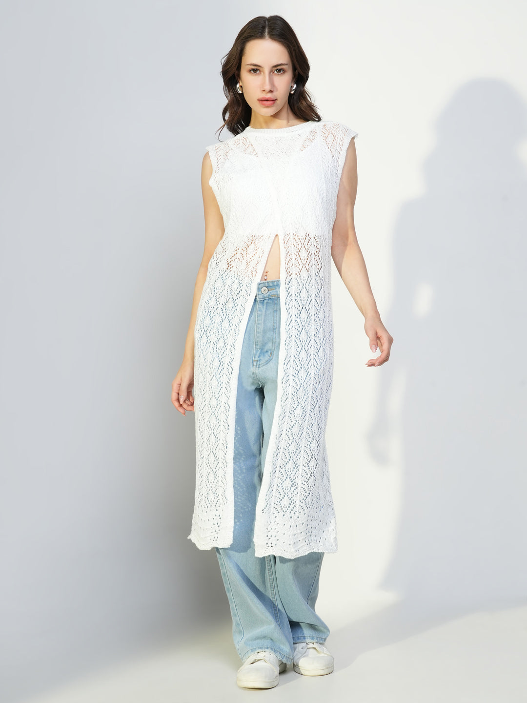 Women White Solid Longline Shrug