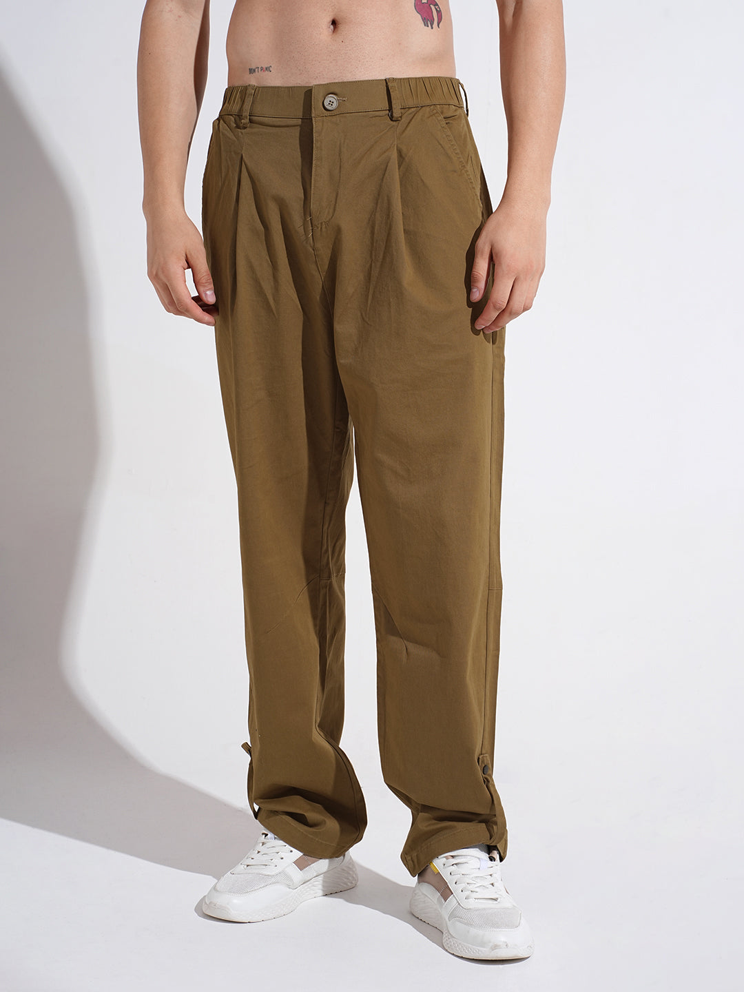 Men's Olive Relaxed Fit Pleated Trousers