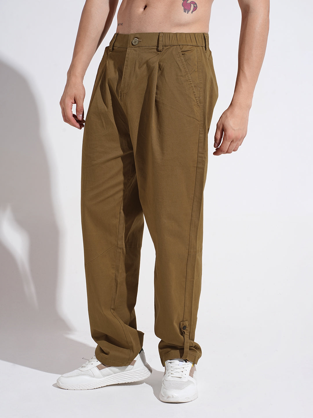 Men's Olive Relaxed Fit Pleated Trousers