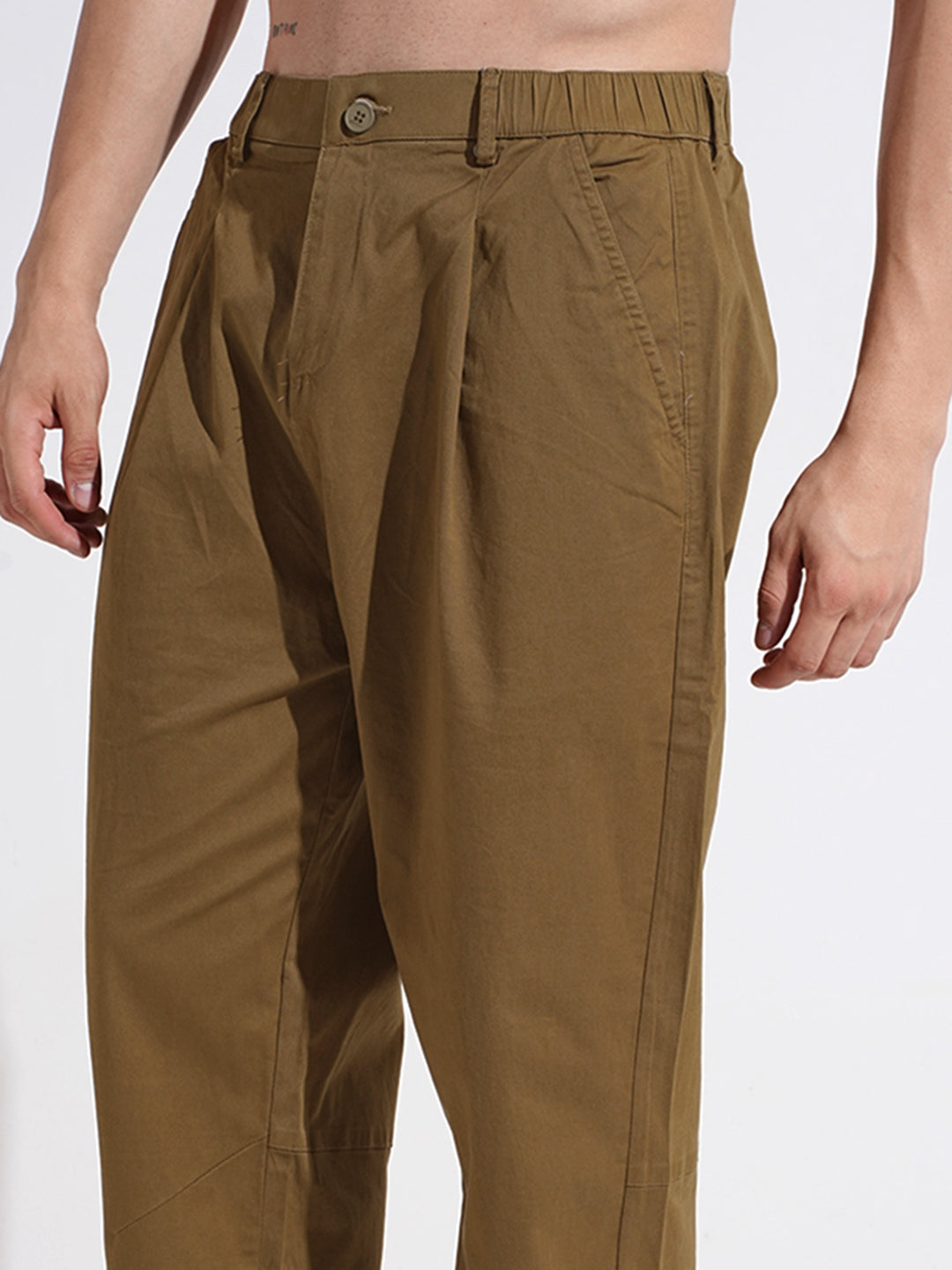 Men's Olive Relaxed Fit Pleated Trousers