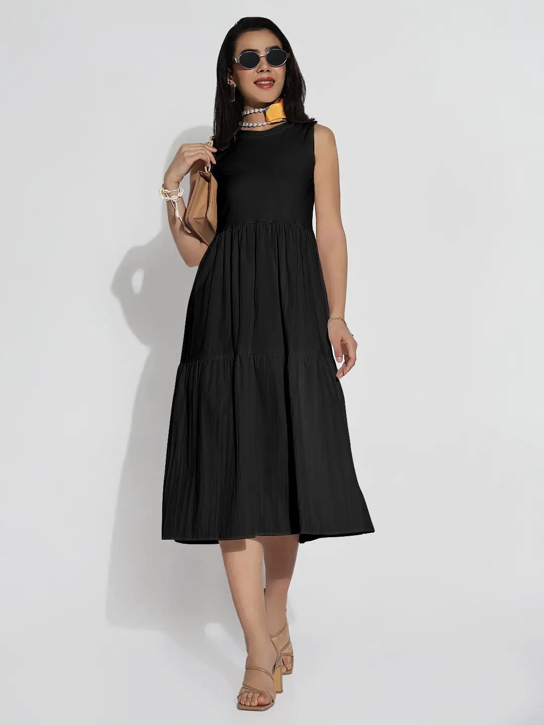 Women's Black Sleeveless Flared Midi Dress with Gathered Detail - from SHOWOFFFF