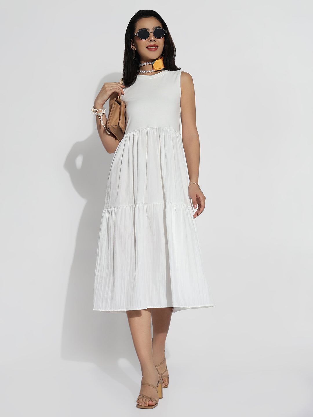 Women White Solid Fit and Flare Dress