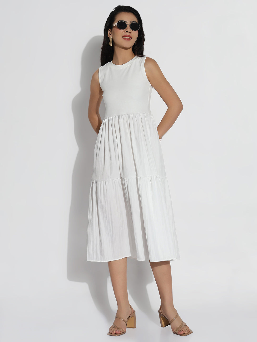 Women White Solid Fit and Flare Dress