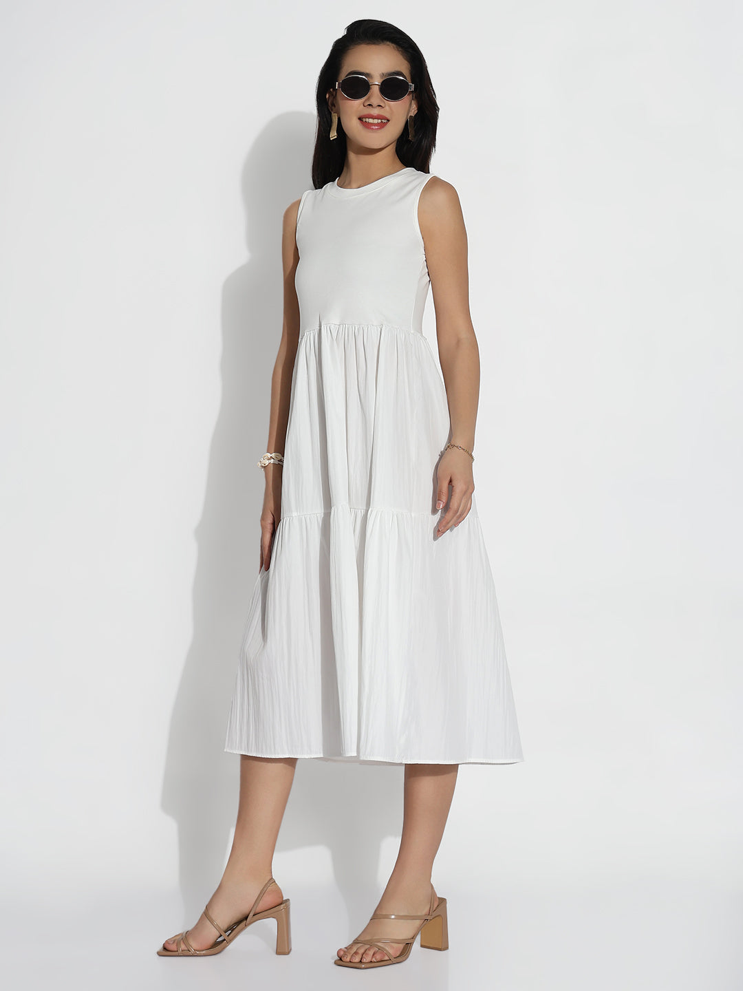 Women White Solid Fit and Flare Dress