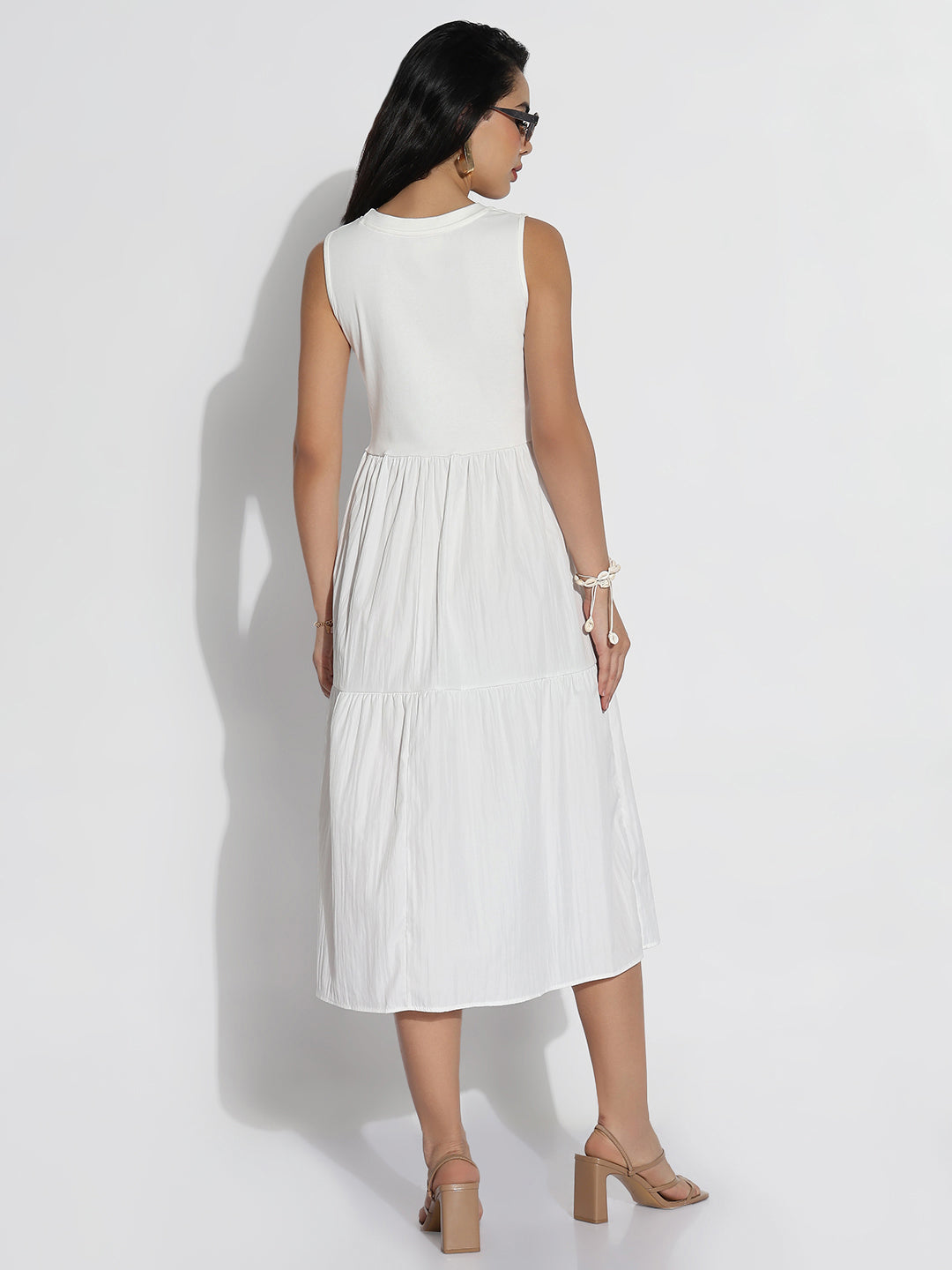 Women White Solid Fit and Flare Dress