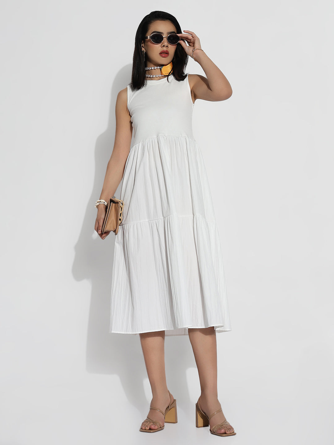 Women White Solid Fit and Flare Dress