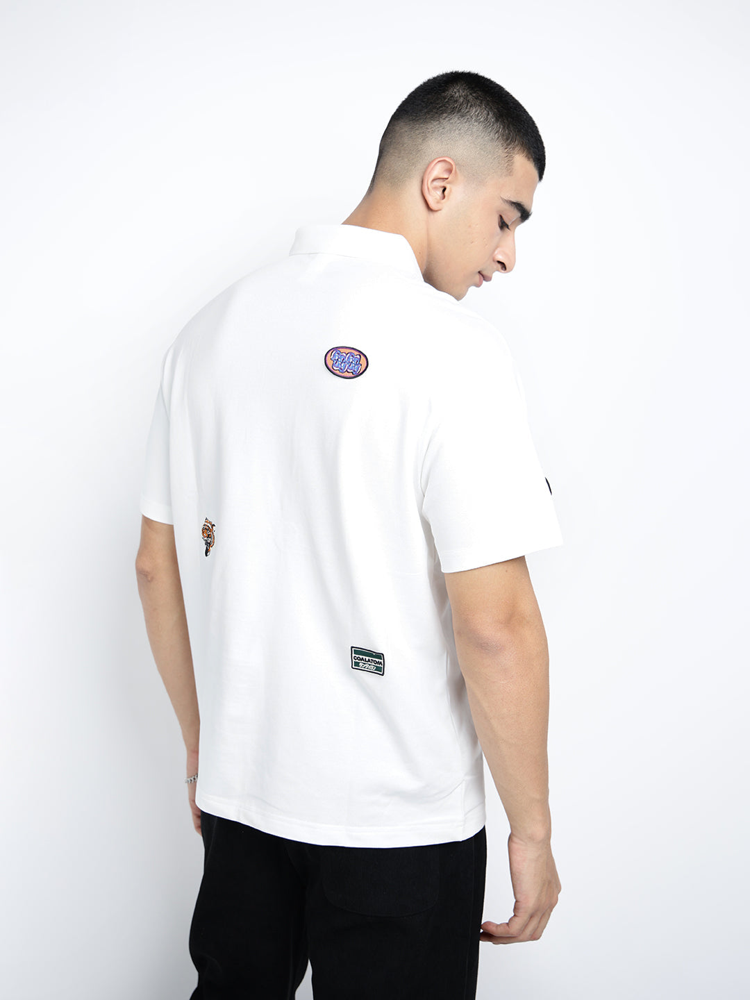 Mne's White Polo Collar T-Shirt with Embroidered Patchwork Design