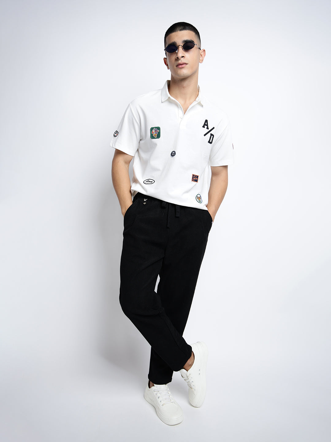 Mne's White Polo Collar T-Shirt with Embroidered Patchwork Design