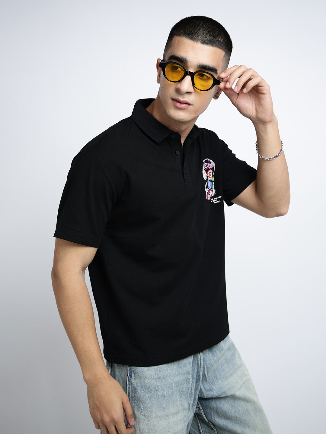 Men's Graphic Print Black Short Sleeves Polo Collar Regular Fit T-Shirt