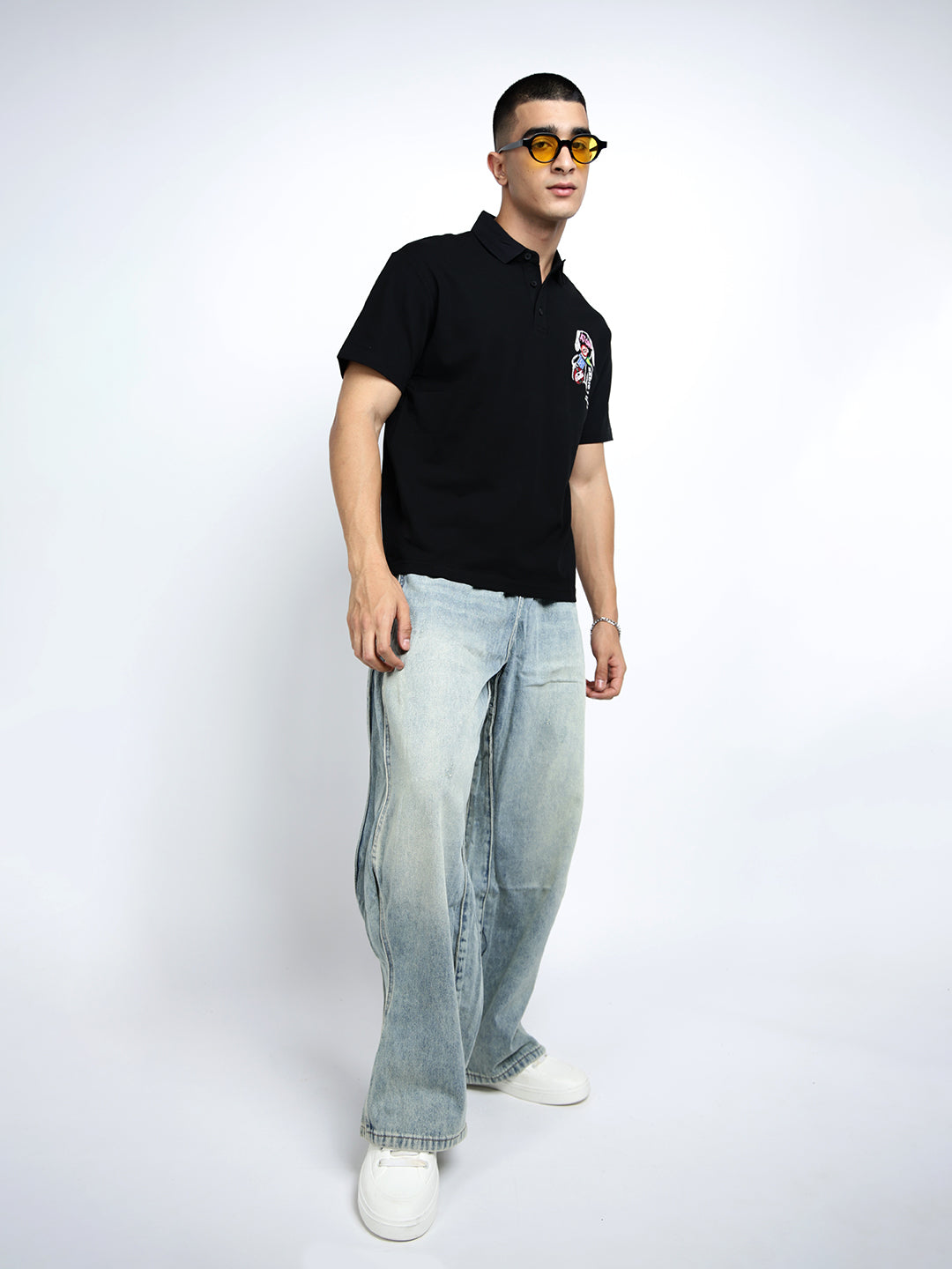 Men's Graphic Print Black Short Sleeves Polo Collar Regular Fit T-Shirt