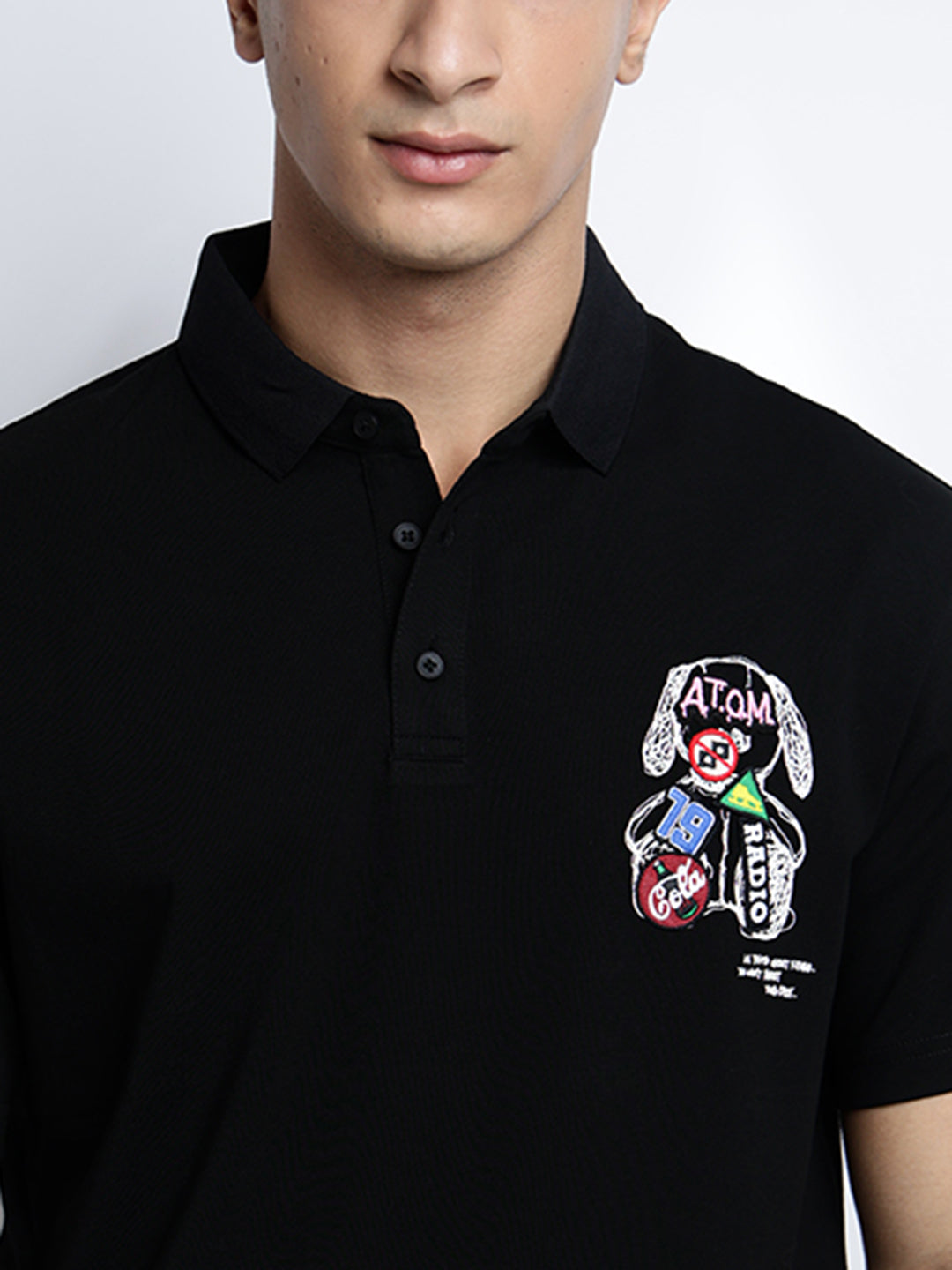Men's Graphic Print Black Short Sleeves Polo Collar Regular Fit T-Shirt