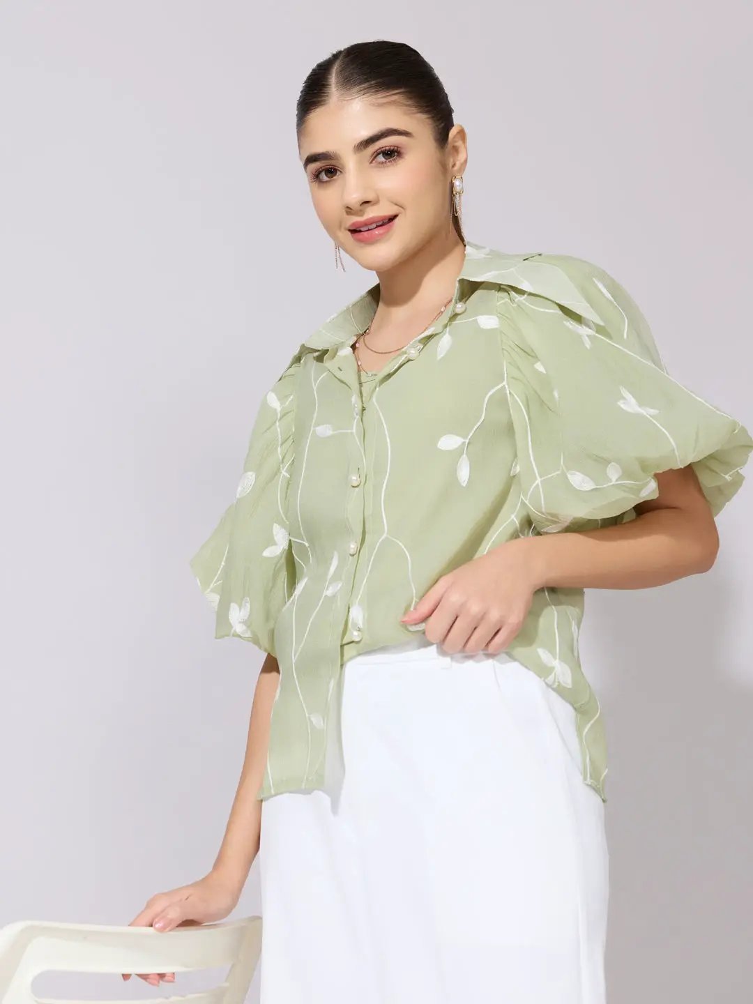 Women's Embroidered Green Stylized Collar Shirt with Inner - from SHOWOFFFF