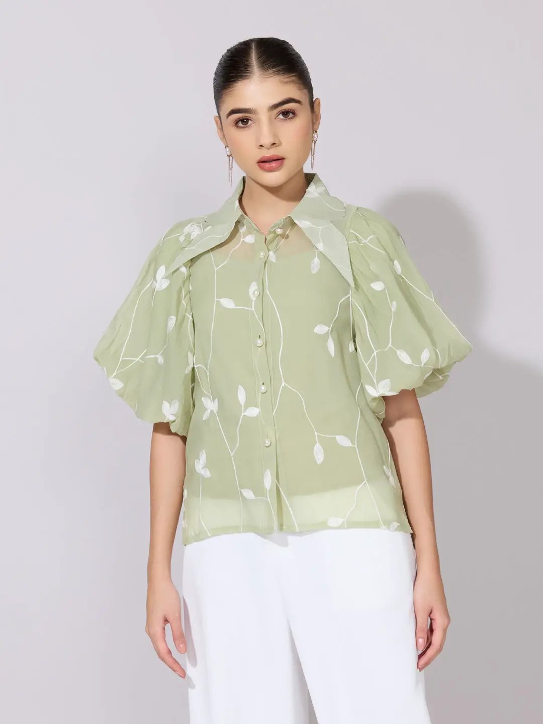 Women's Embroidered Green Stylized Collar Shirt with Inner - from SHOWOFFFF
