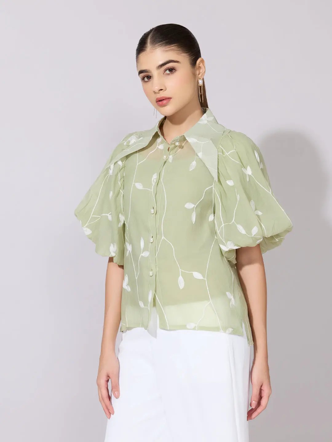 Women's Embroidered Green Stylized Collar Shirt with Inner - from SHOWOFFFF