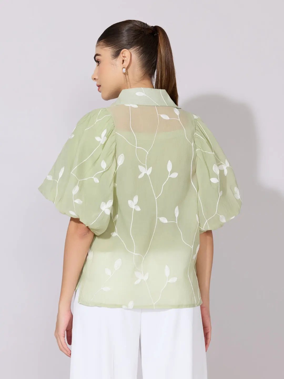 Women's Embroidered Green Stylized Collar Shirt with Inner - from SHOWOFFFF