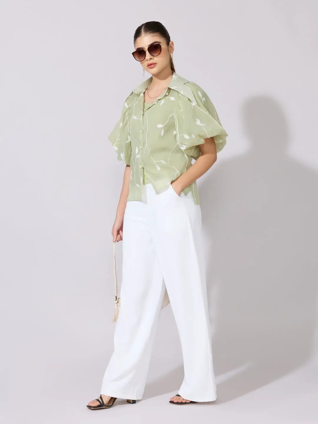 Women's Embroidered Green Stylized Collar Shirt with Inner - from SHOWOFFFF