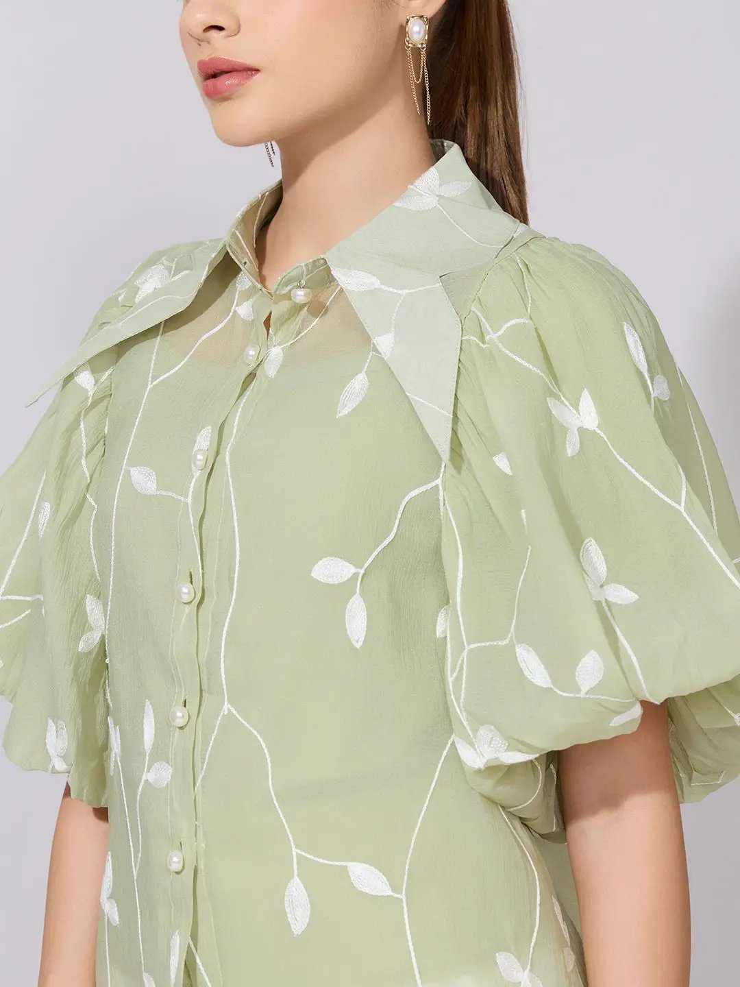 Women's Embroidered Green Stylized Collar Shirt with Inner - from SHOWOFFFF